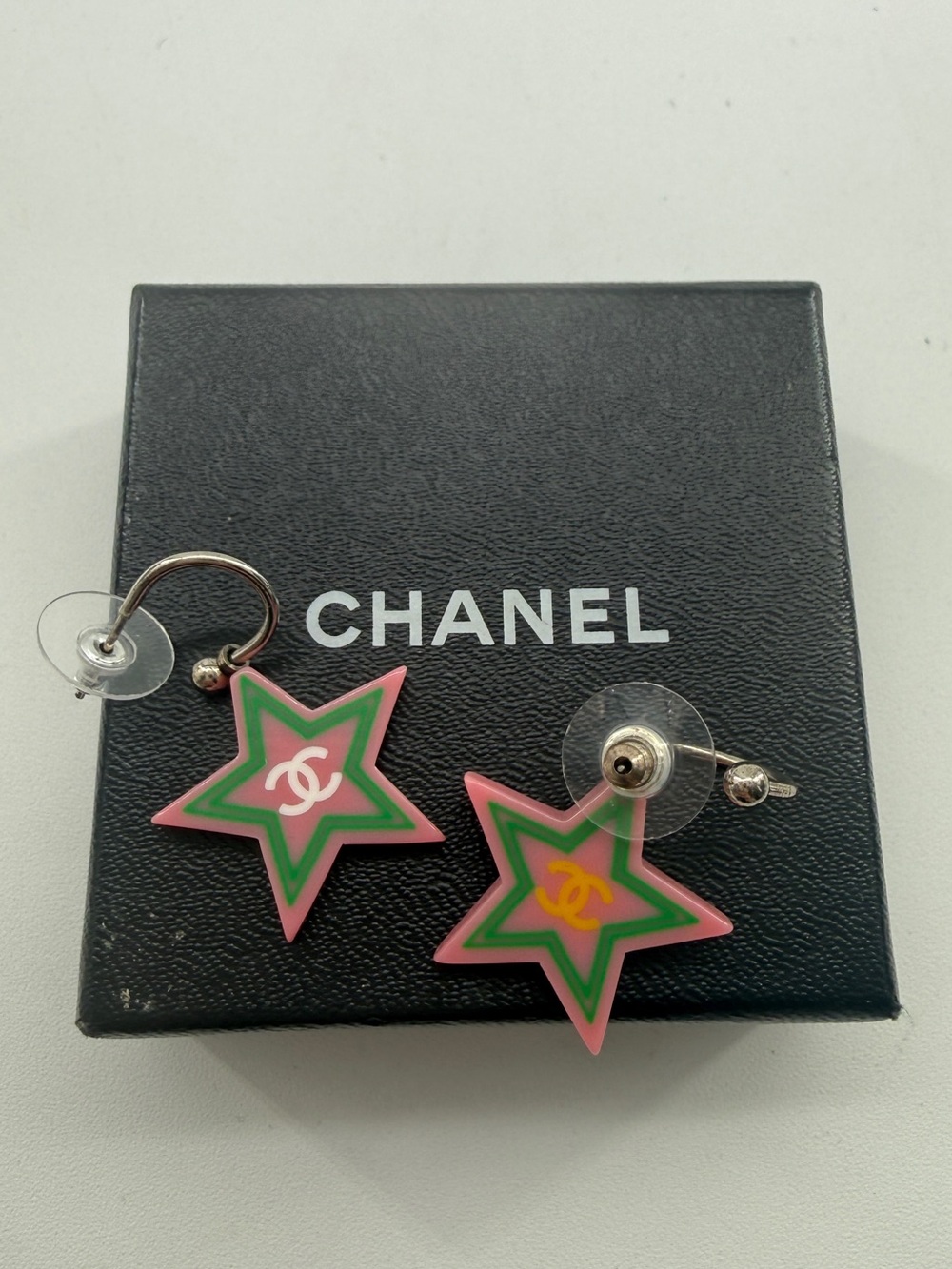CHANEL Pink & Green Star Logo Drop Earrings with Yellow CC Accent